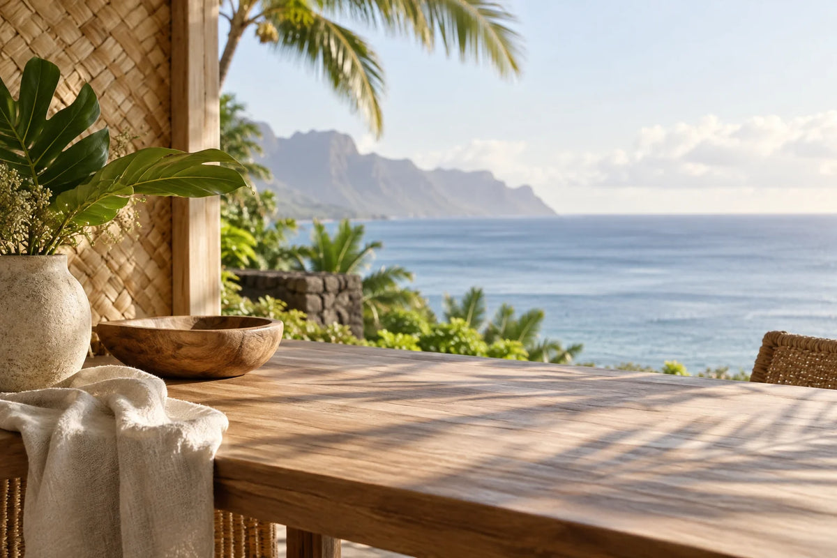 Sunlit natural wood and woven textures overlooking a calm Pacific coastline